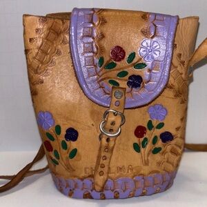 Vintage Tooled Leather Mini Purse Crossbody Bag Chalma Mexico Hand Painted 6”